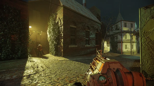 Half-Life 2 RTX: sokak lambasının aydınlattığı duvarlar, bitkiler ve taş zemin