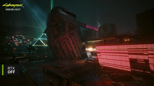 NVIDIA Cyberpunk 2077 RTX kapalı sahnesi: aynı konumdaki heykel ve neon tabela