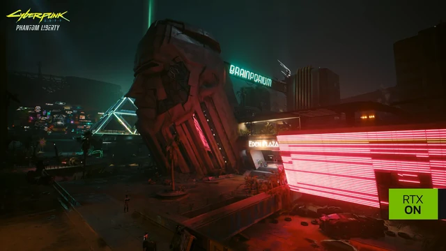 NVIDIA Cyberpunk 2077 RTX açık sahnesi: neon ışıklarının heykeli ve zemini aydınlatması