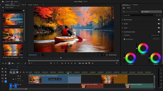 NVIDIA’nın video düzenleme örneğinde zaman çizelgesi, önizleme ve renk ayarları