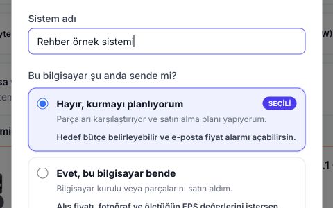 Sistem adı ve planlanan bilgisayar seçeneğiyle sistemi hesaba kaydetme penceresi