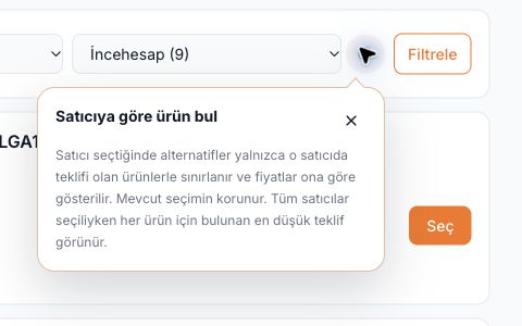 PC toplama aracında satıcı seçimi ve ürün filtreleri